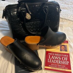 Black Leather Clog Mules with Wooden Platform